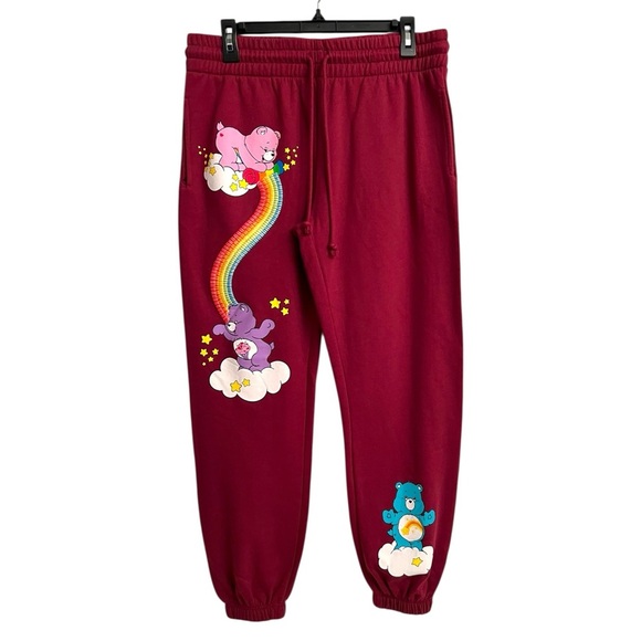 Care Bears Pants - Care Bears Rainbow Embroidered Burgundy Maroon Sweatpants Large